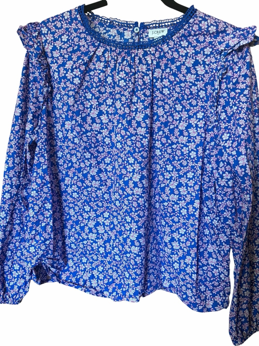 J. Crew Royal Blue Floral Ruffle Shoulder Blouse NWOT